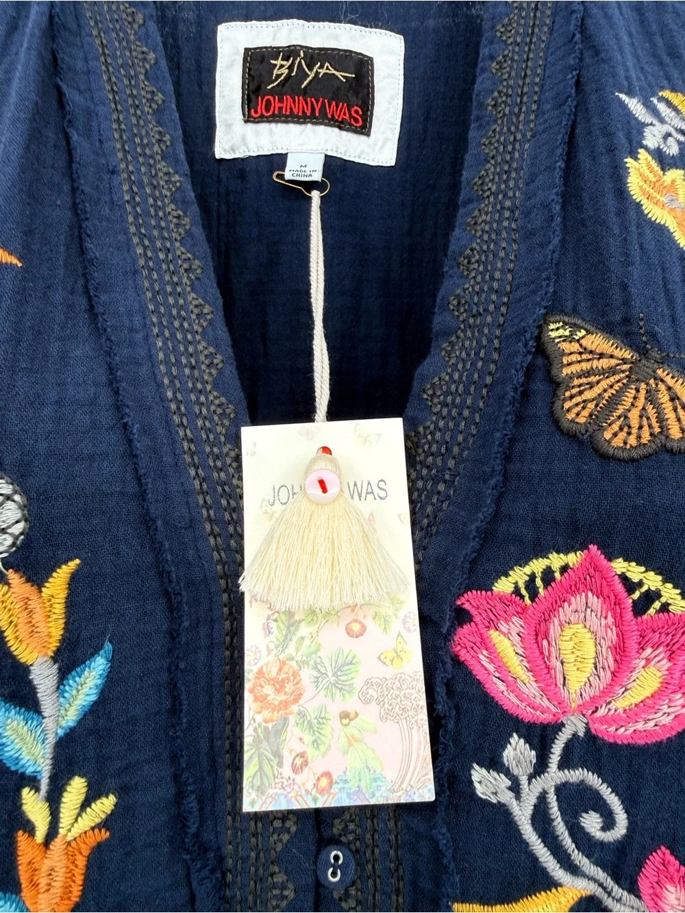 NEW Johnny Was Biya Zippy Tunic Dress Borboleta Blue Butterfly Embroidered Med M - Picture 4 of 13